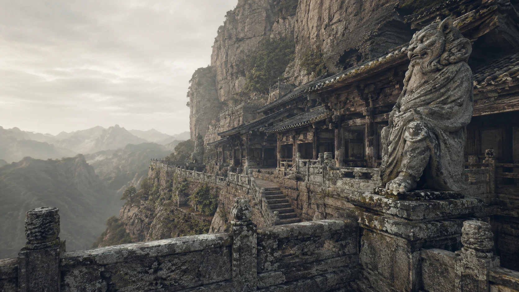 风化造像、石栏与木构形成尺度关系的无人原创极远景,不冒充钟馗场景