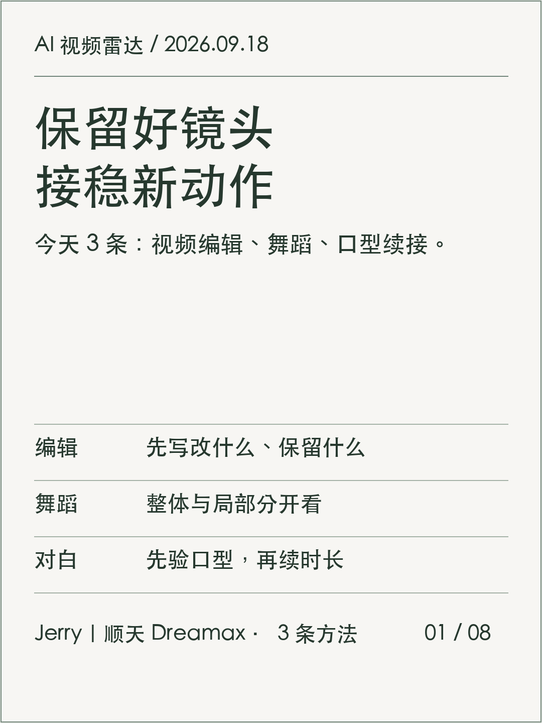 AI 视频雷达最新一期 2026-09-18:今天 3 条,主要是视频编辑、舞蹈与口型续接